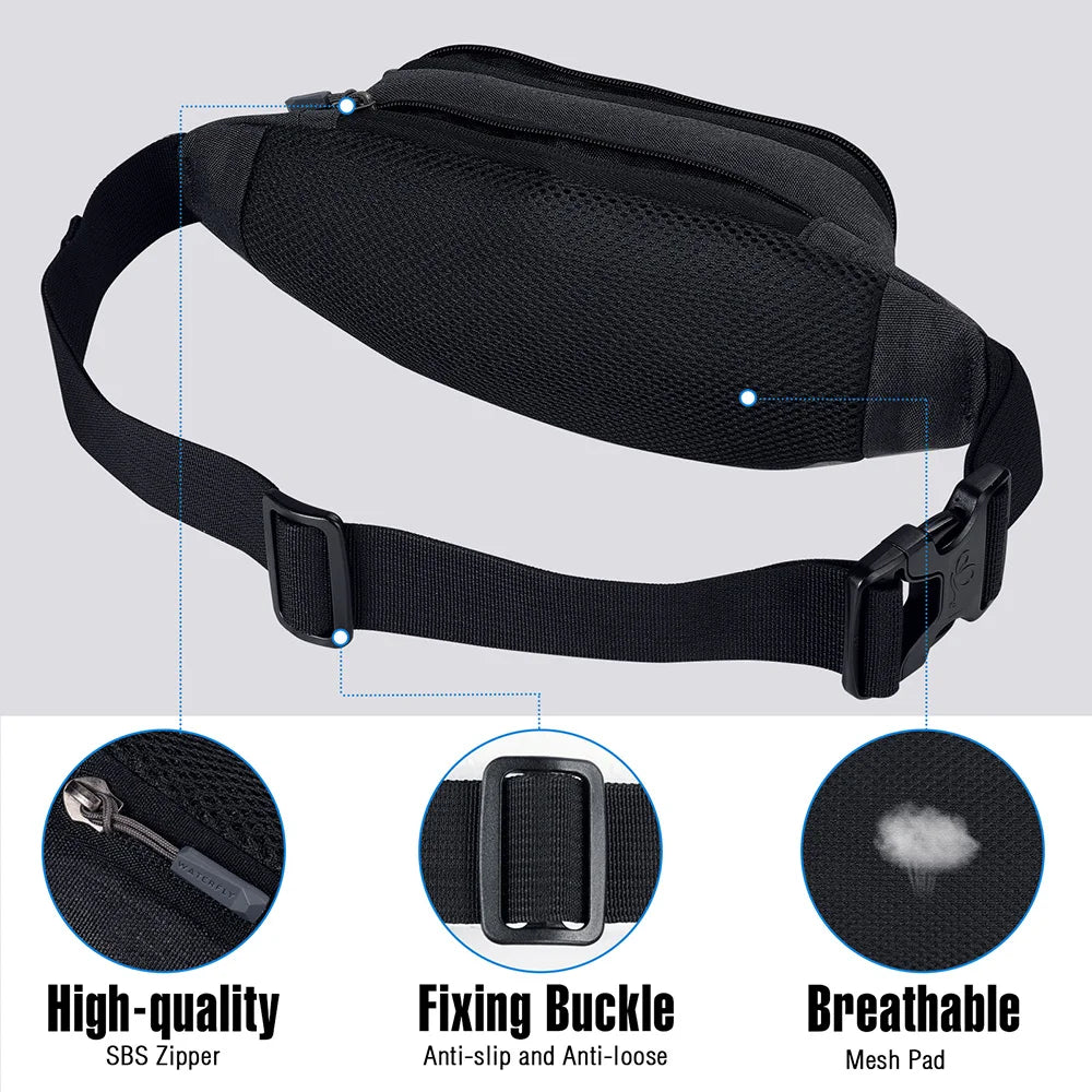 Black nylon waist pack featuring a fixing buckle and breathable mesh pad.
