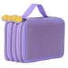 Purple pencil case with a purple strap and yellow decorative accents.