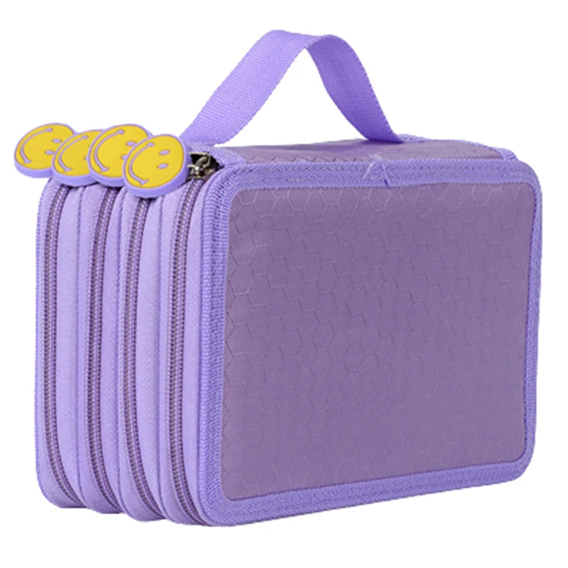 Purple pencil case with a purple strap and yellow decorative accents.