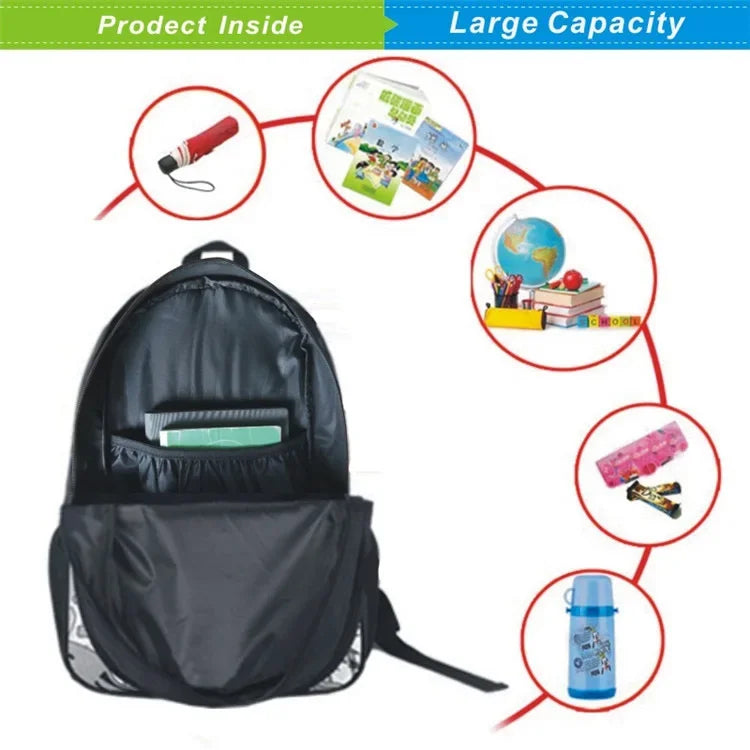 Black kids school backpack set showing inside features like a pen, books, and a water bottle.