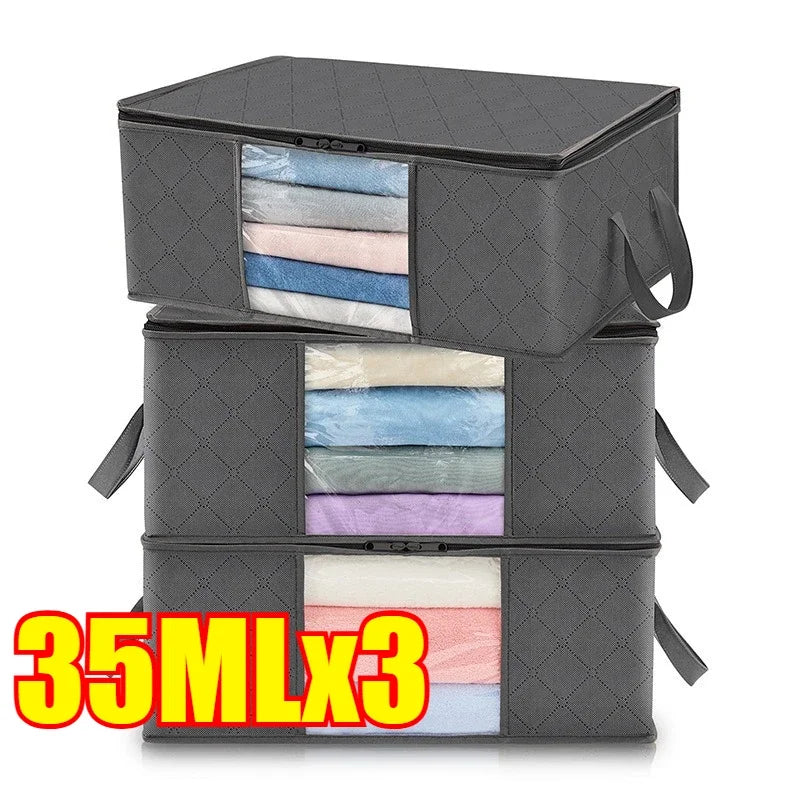 Three stacked gray foldable storage bags with visible fabric layers.