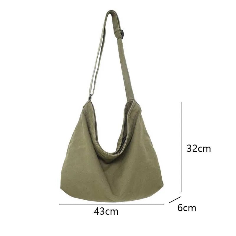 A beige cotton canvas shoulder crossbody bag shown with dimensions.