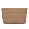 A tan quilted cosmetic travel bag with a zipper closure.