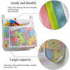 A clear mesh bag organizer filled with colorful bath toys, demonstrating a larger capacity and sturdy design.