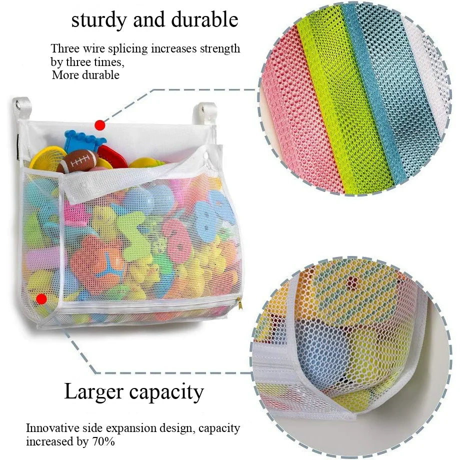 A clear mesh bag organizer filled with colorful bath toys, demonstrating a larger capacity and sturdy design.