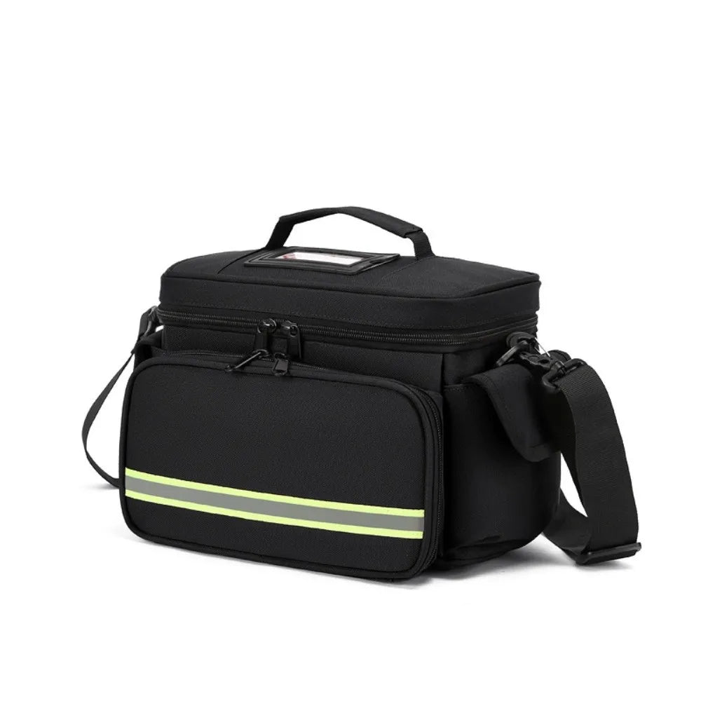 Black durable waterproof emergency trauma bag with a light green stripe detail