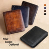 Four colors of genuine leather RFID blocking wallets displayed on a beige background.