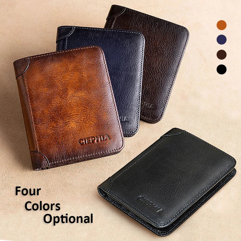 Four colors of genuine leather RFID blocking wallets displayed on a beige background.