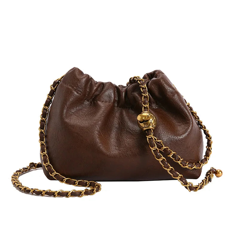 A brown PU leather chain shoulder bag with a gold-toned chain strap.