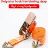 An orange polyester hook free binding strap with metal clasps shown rolled up and extended.