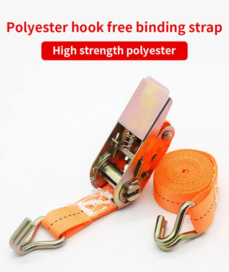 An orange polyester hook free binding strap with metal clasps shown rolled up and extended.