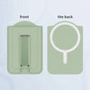 Front and back views of a light green magnetic PU leather phone wallet with card holder and stand