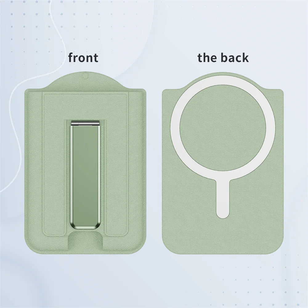 Front and back views of a light green magnetic PU leather phone wallet with card holder and stand