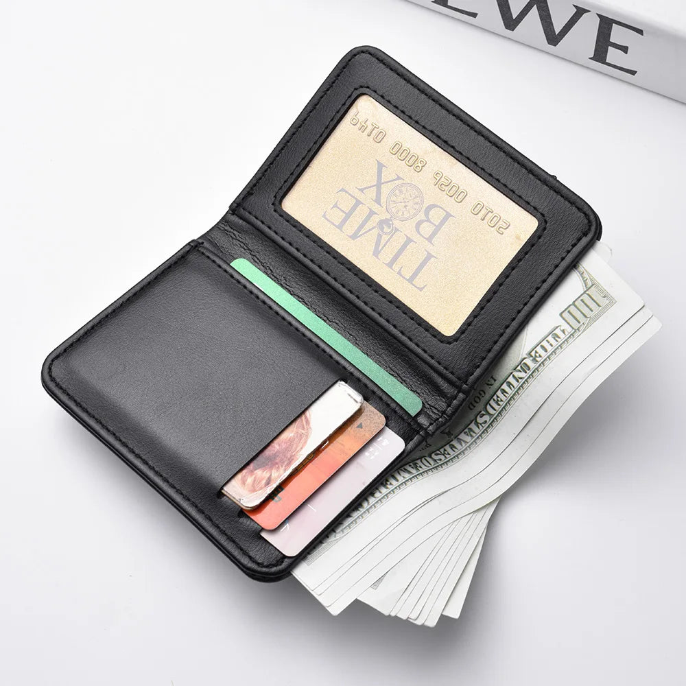 A black slim bifold wallet for men with multiple card slots and a leather tag.