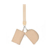 A beige compact wristlet wallet with a strap and dual zip pockets.