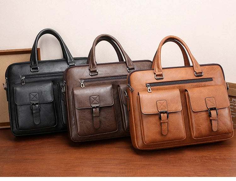 Three brown and black men's PU leather business briefcase bags displayed on a wooden surface.