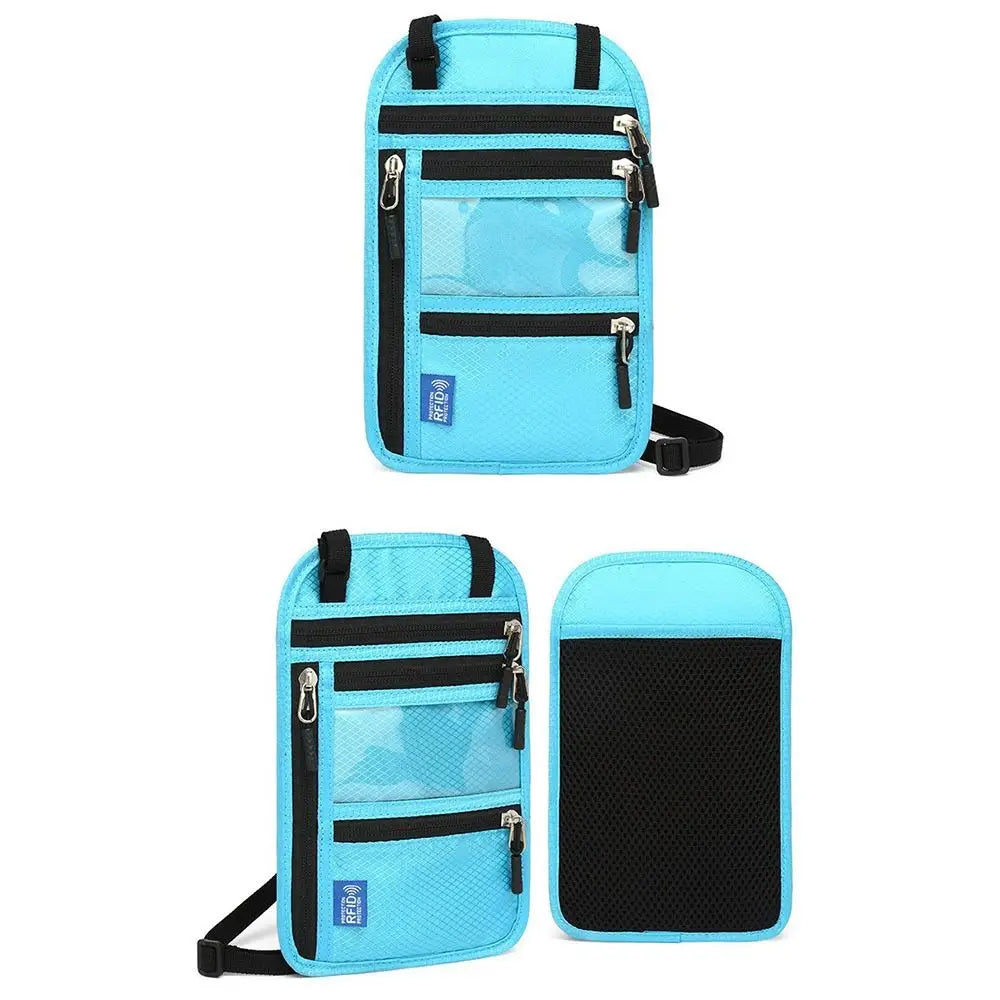 A light blue RFID-blocking travel neck wallet with a black adjustable strap and a separate black pouch.