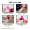 Instructions for applying cute cartoon press-on nails, showing steps for buffing, choosing stickers, selecting nails, and fin