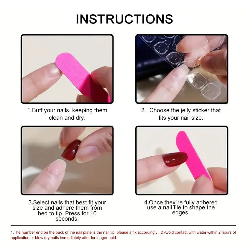 Instructions for applying cute cartoon press-on nails, showing steps for buffing, choosing stickers, selecting nails, and fin
