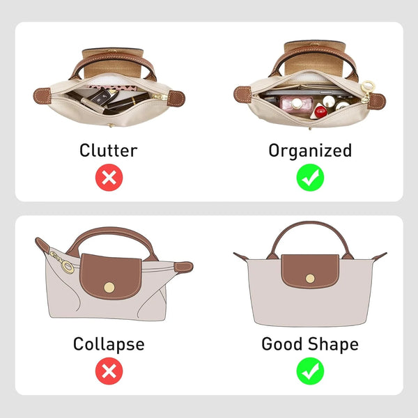 Comparison showing cluttered and collapsed mini bag organizers versus organized and good shape versions.