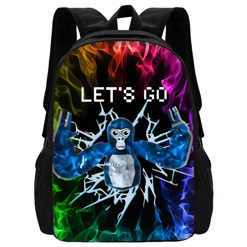 Sac à dos noir avec un graphisme coloré d'une silhouette de gorille et de flammes.