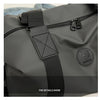 A close-up view of a dark gray Oxford cloth travel tote bag showing stitching and hardware details.