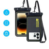 A black waterproof phone case with a detachable strap is shown alongside icons indicating water resistance.