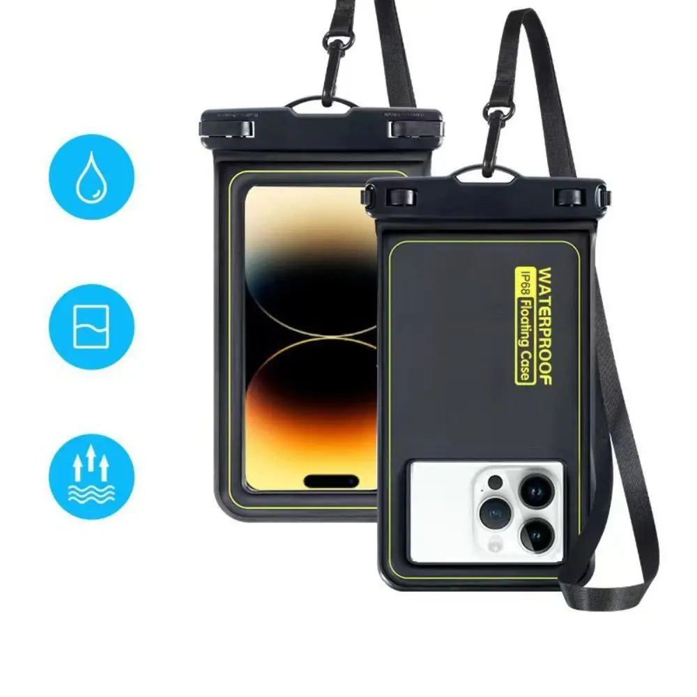 A black waterproof phone case with a detachable strap is shown alongside icons indicating water resistance.