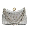 Silver rhinestone diamond inlay evening clutch bag with a pearl closure