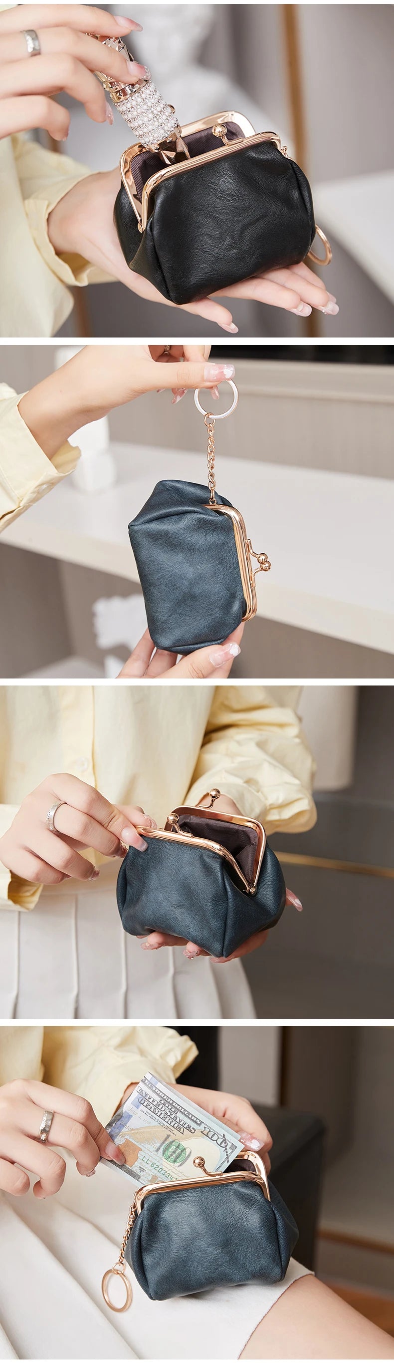 A hand holds a dark blue leather coin purse with a gold chain keychain against a light background.