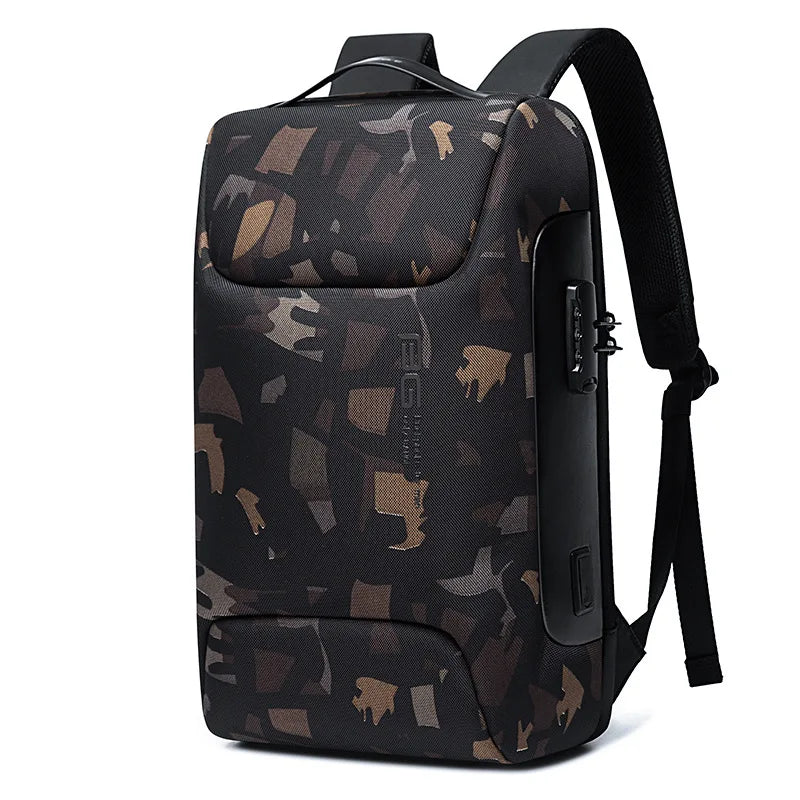 A black anti-theft waterproof laptop backpack with a camouflage pattern and a USB charging port.