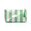 A rectangular cosmetic storage pouch with vertical green and white stripes and a tassel detail.