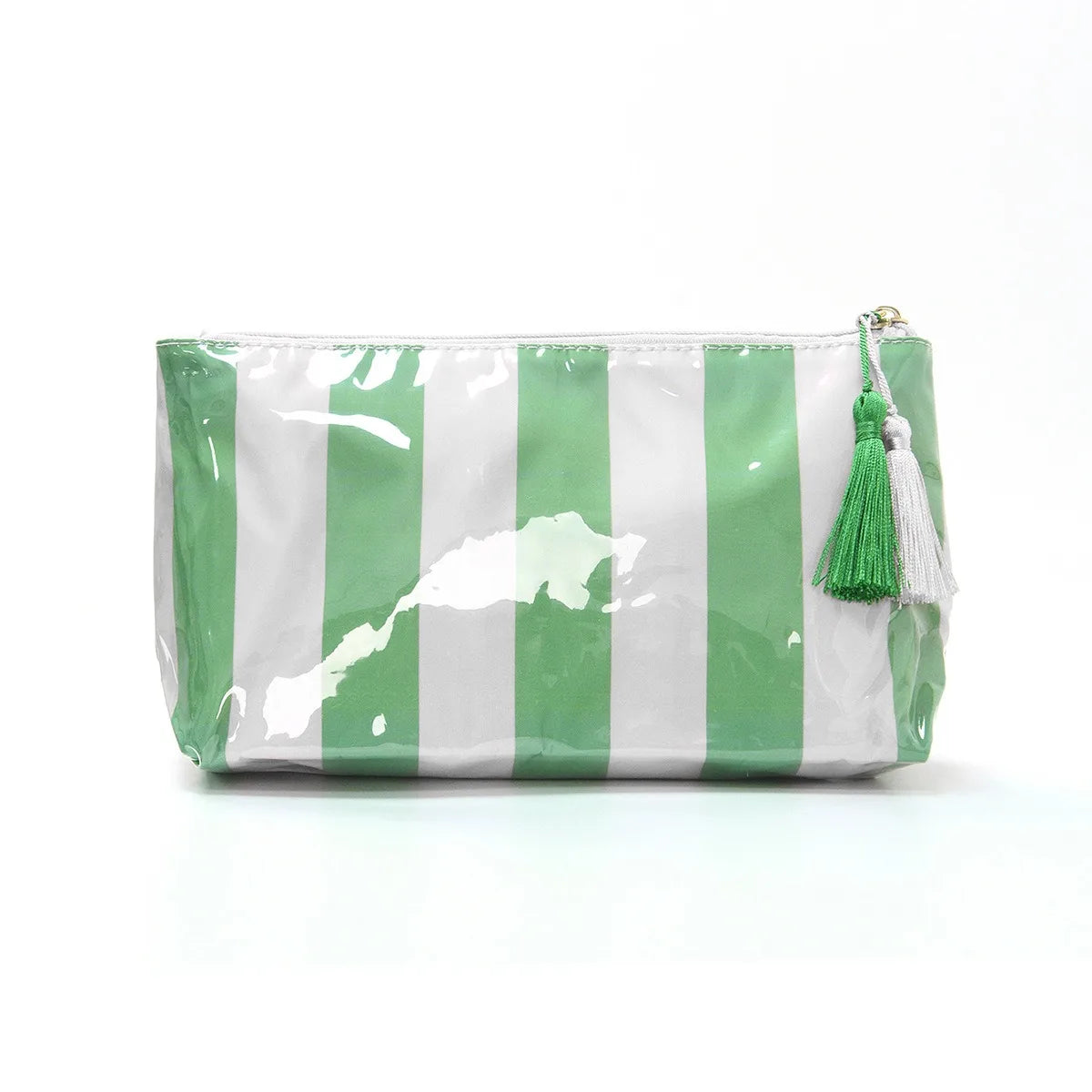 A rectangular cosmetic storage pouch with vertical green and white stripes and a tassel detail.