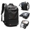 Black heavy duty laptop backpack shown in multiple views with vacuum compression features.