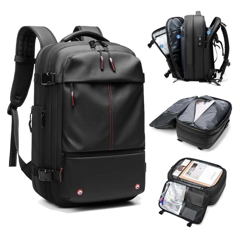 Black heavy duty laptop backpack shown in multiple views with vacuum compression features.