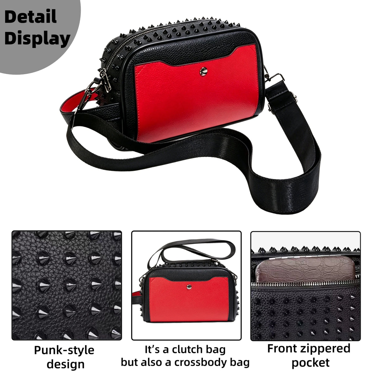 A red and black studded punk-style crossbody sling bag with a zippered front pocket.