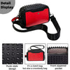 A red and black studded punk-style crossbody sling bag with a zippered front pocket.