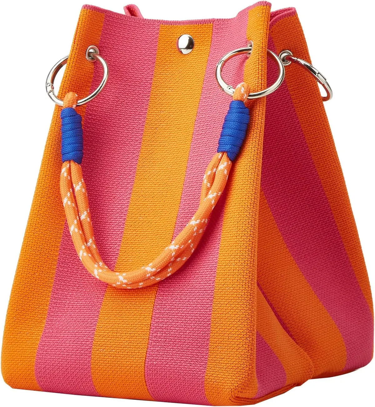 A striped knit bucket tote bag in shades of orange and pink with blue leather accents.