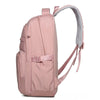 Mochila rosa claro con correa gris y funda para portátil.