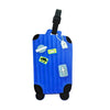 A blue luggage tag with a black strap and various small tags attached.