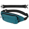A teal nylon waist pack with a black strap is shown flat and folded.