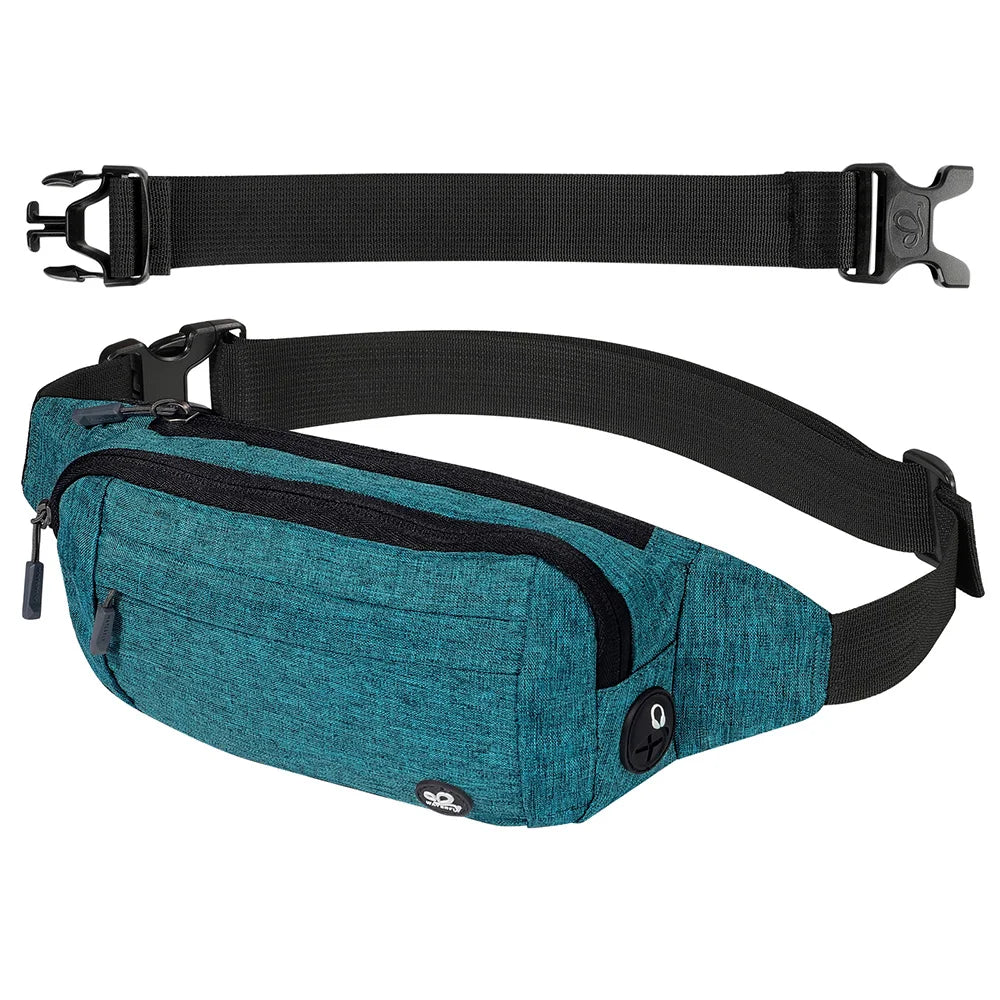 A teal nylon waist pack with a black strap is shown flat and folded.