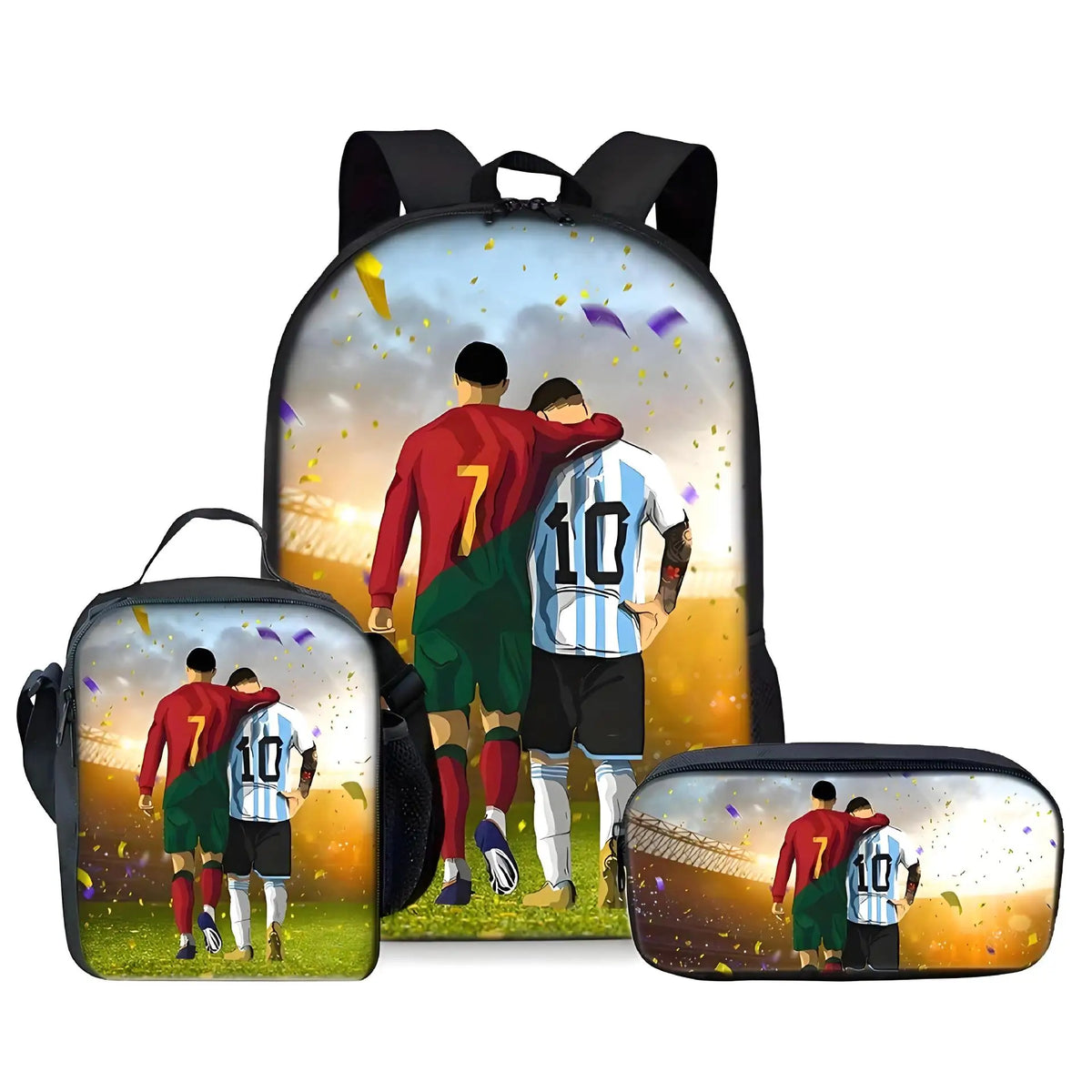 A backpack and two lunch bags featuring a football theme with players in red and white uniforms.