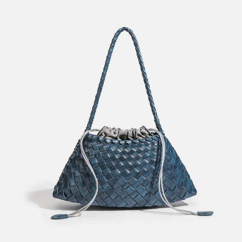 A dark blue handwoven PU shoulder bag with a braided texture and a long strap.