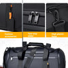 A black large capacity travel duffel bag featuring various accessories like a two-way slider and a plastic hook.