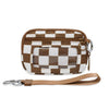 A brown and white checkered faux leather zipper wallet with a leather strap and keychain.