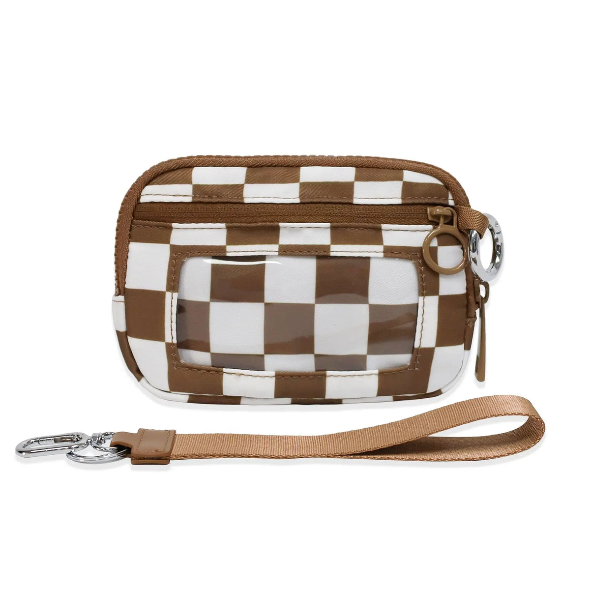 A brown and white checkered faux leather zipper wallet with a leather strap and keychain.