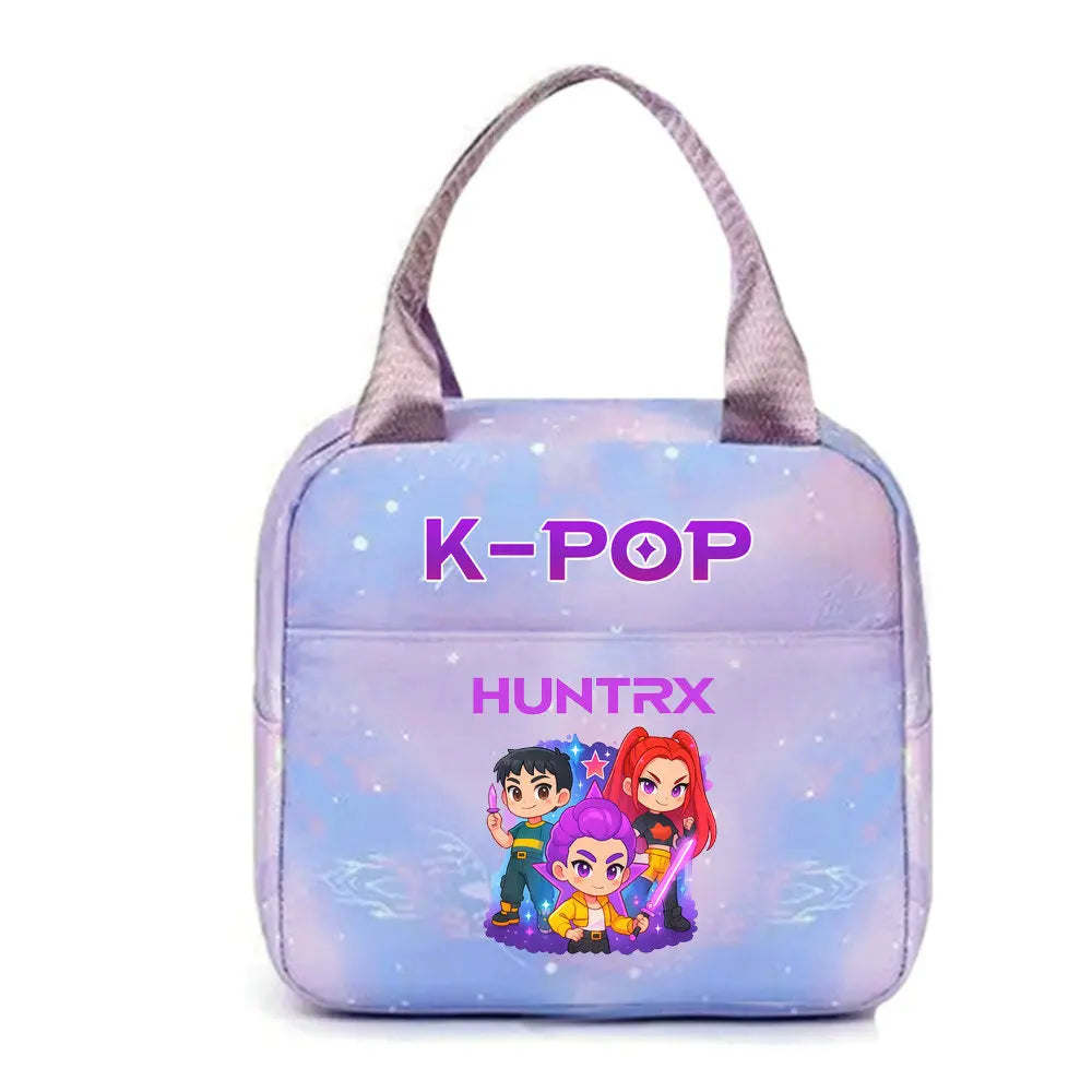 Purple insulated backpack featuring a K-Pop theme with characters from the show Huntrx