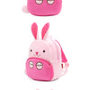 A pink cartoon rabbit plush backpack for kids shown from the front.