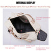 Internal display of a beige nylon travel duffle bag showing various pockets and compartments.